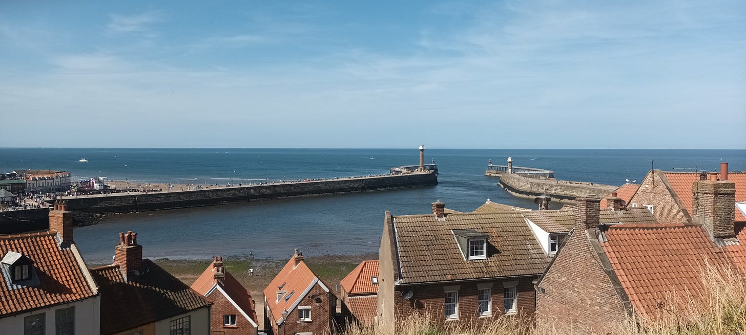 Entrance to Whitby harbour, orange rooftops in the foreground, the sea and blue skies behind