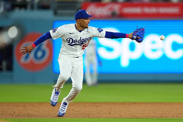 Mookie Betts of the Los Angeles Dodgers in action during the game between the Los Angeles Dodgers and the Colorado Rockies at Dodger Stadium on May...
