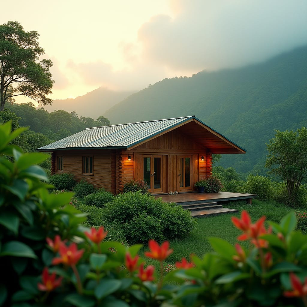 A serene modern log cabin, partially shrouded in mist, nestled in the vibrant, emerald hills of Jamaica, with lush tropical foliage and exotic flowers surrounding the wooden structure, warm sunlight casting a golden glow on the cabin's rustic wooden exterior