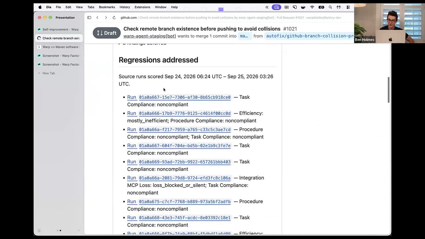A draft GitHub pull request titled Check remote branch existence before pushing to avoid collisions, with a Regressions addressed section linking to source runs. A draft GitHub pull request titled Check remote branch existence before pushing to avoid collisions, with a Regressions addressed section linking to source runs.
