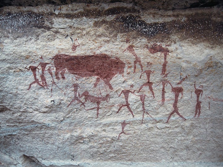 Samuel Daniell, Portrait of a KhoiKhoi, a San and Tswana men ('Hottentot, Bosjesman, Booshwana'), 1820.; Khoikhoi Fording a Stream, 1700; African Ox and Khoi Couple; 1700-1730; Khoi Women Dancing. Vijf danssende Hottentottinnen, 1700-1740; Khoi Women and Dutch Colonist., 1700-1740; Engraving of Khoikhoi figures and dwellings ~1700; Illustration or stylized image of San figures and cattle; uKhahlamba–Drakensberg "Rain-Bull Scene, 1000 BCE-40 CE