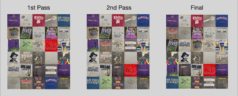 graphic comparing 3 versions of the 5x6 grid of shirts for the quilt 