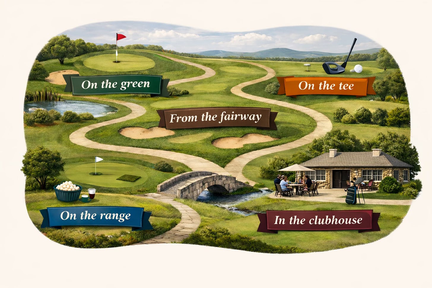 Golf course map showing the five pillars of The Club House: On the green, On the tee, From the fairway, On the range, In the clubhouse.