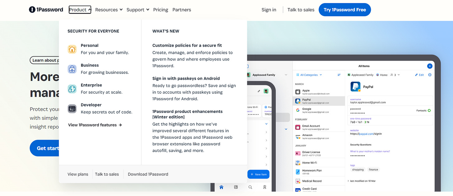 A screenshot of 1Password's website showing they have a large navigation menu