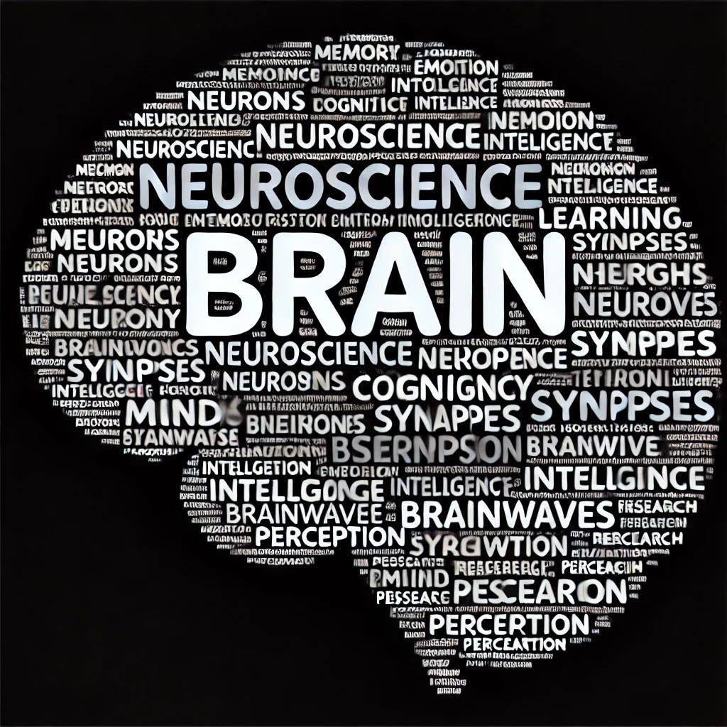 A word cloud in the shape of a brain, with various words related to the brain, thinking, intelligence, and cognition. Words like 'neuroscience', 'memory', 'cognition', 'neurons', 'thought', 'synapses', 'learning', 'intelligence', 'emotion', 'brainwaves', 'mind', 'research', and 'perception' should fill the brain shape. The words should vary in size based on their importance, creating a dynamic, visually engaging brain outline made up entirely of these terms.