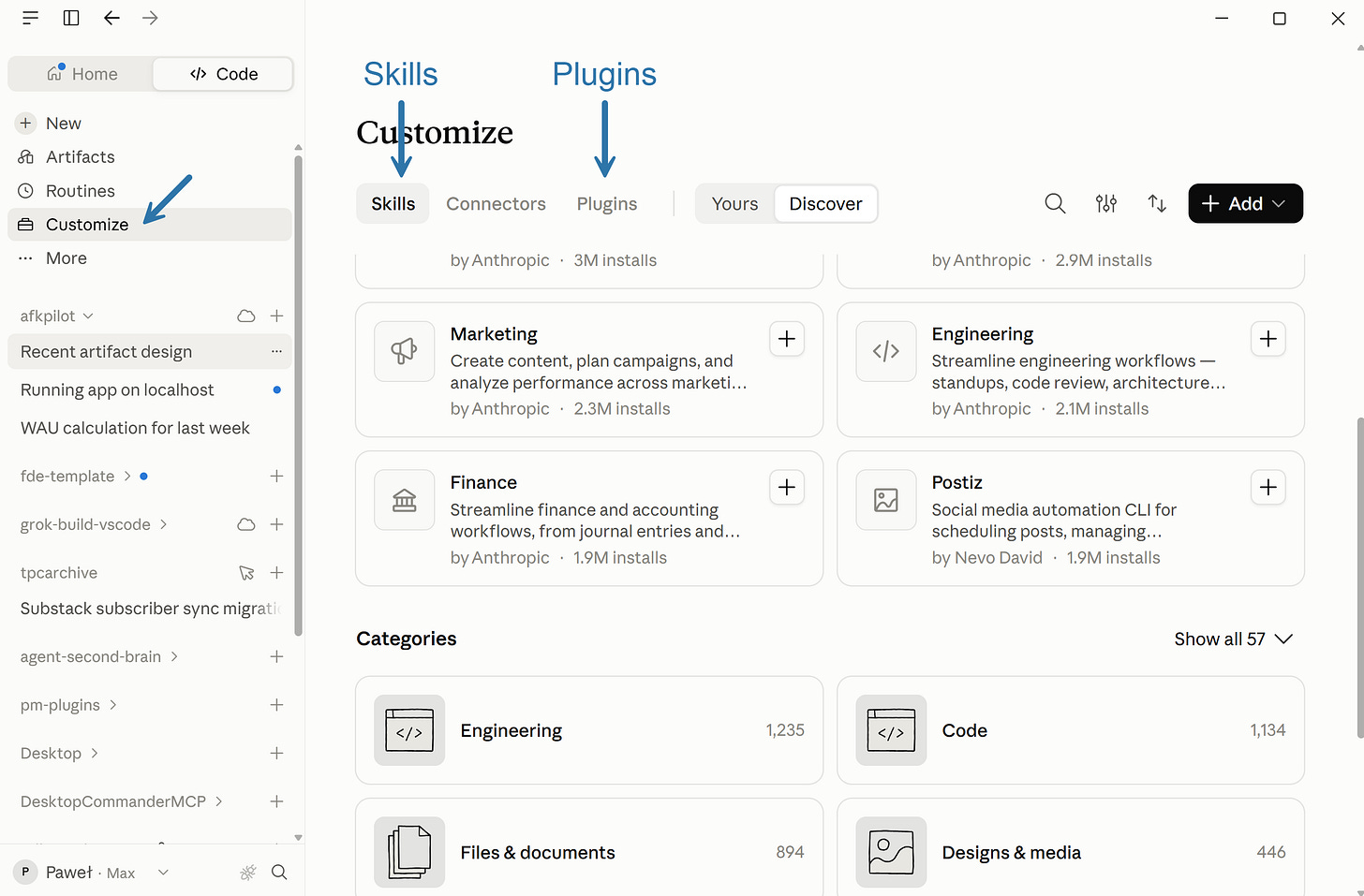 Claude Code skills and plugins in Claude Desktop Customize, with Anthropic's Marketing, Engineering, and Finance plugins Claude Code skills and plugins in Claude Desktop Customize, with Anthropic's Marketing, Engineering, and Finance plugins