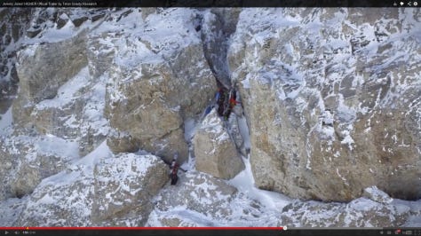 Here Jones and Co. are in the midst of the technical section of the easiest route up Wyoming's Grand Teton: The Owen-Spalding Route (5.4) pioneered all the way back in 1898 and probably much earlier by Native Americans. Here Jones and Co. are in the midst of the technical section of the easiest route up Wyoming's Grand Teton: The Owen-Spalding Route (5.4) pioneered all the way back in 1898 and probably much earlier by Native Americans.