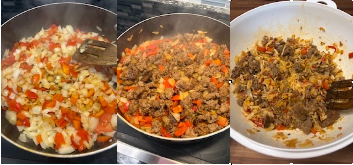 The Vegetable cooking, re-adding the meats, and combining the ingredients
