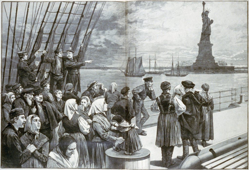 New York - Welcome to the land of freedom - An ocean steamer passing the Statue of Liberty: Scene on the steerage deck / from a sketch by a staff artist.