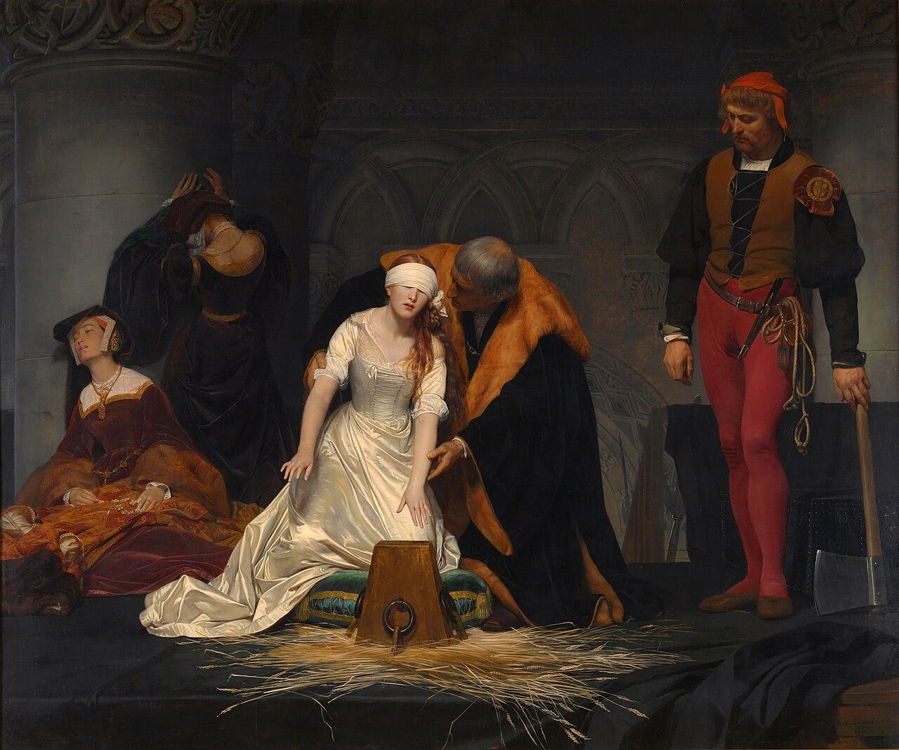 Delaroche's blindfolded Lady Jane Grey guided toward the executioner's block Delaroche's blindfolded Lady Jane Grey guided toward the executioner's block