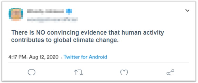 A hypothetical tweet, which says, 'there is no convincing evidence that human activity contributes to global climate change'