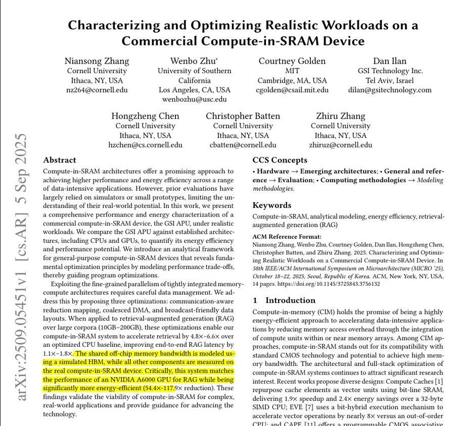 Academic paper title page with authors affiliations including Nevin Zhang from Cornell University Courtney Gold from GS Technology Inc and others from universities in Los Angeles Tel Aviv and Ithaca. Sections cover abstract characterizing optimizing real SRAM workloads on commercial associative processing unit. Details high performance energy efficient range queries on sorted data intensive applications. Mentions comparisons against state of the art CPU achieving significant speedups directed acyclic graph DAG based scheduling reducing latency by over 4x holistic framework for evaluation across data intensive workloads minimal data management requirements.