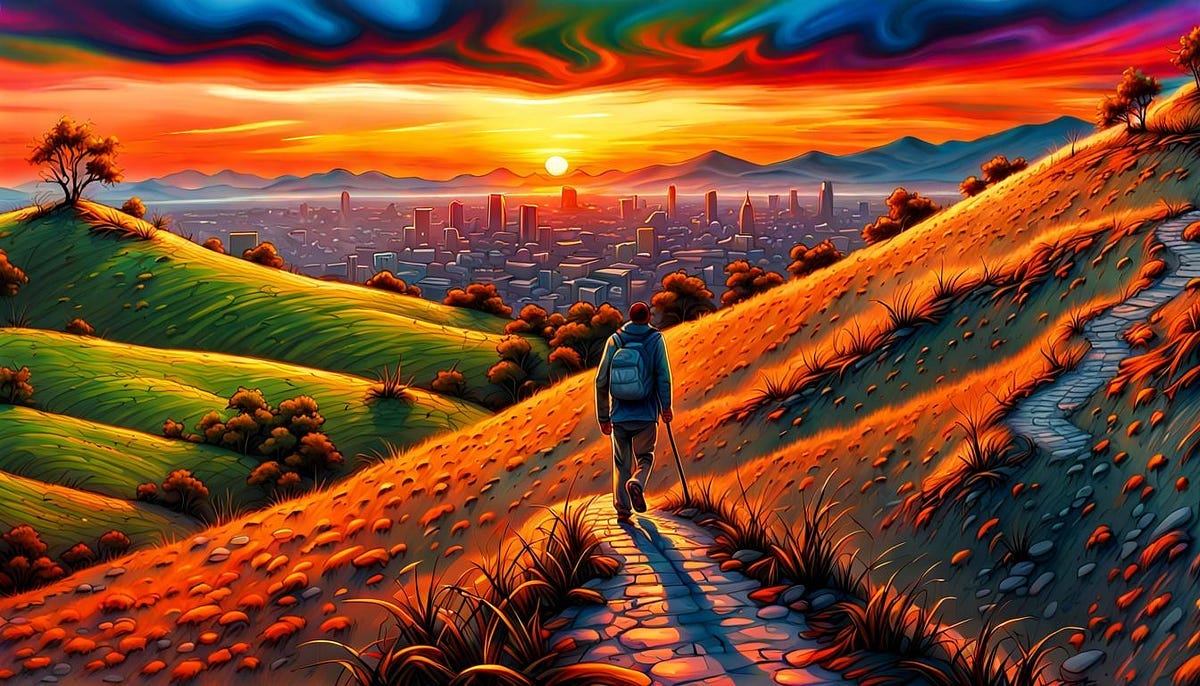 Lone hillwalker on hills at sunset Lone hillwalker on hills at sunset