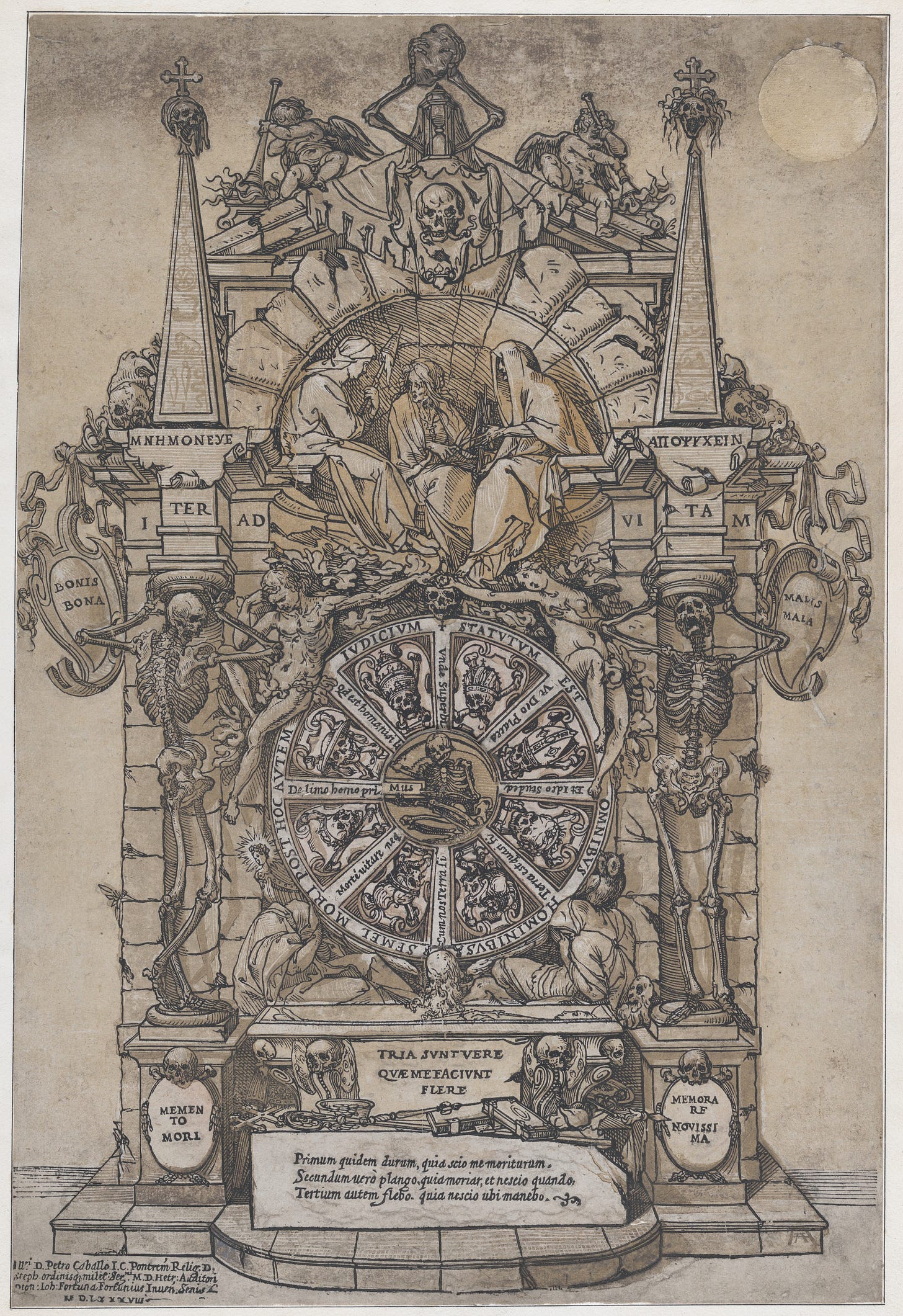 Triumph of Death with three fates in an architectural frame above a wheel of fortune flanked by skeletons; a skull and an hour glass at top and with wheel intended to spin at center, Andrea Andreani (Italian, Mantua 1558/1559–1629), Chiaroscuro woodcut from three blocks in brown Triumph of Death with three fates in an architectural frame above a wheel of fortune flanked by skeletons; a skull and an hour glass at top and with wheel intended to spin at center, Andrea Andreani (Italian, Mantua 1558/1559–1629), Chiaroscuro woodcut from three blocks in brown