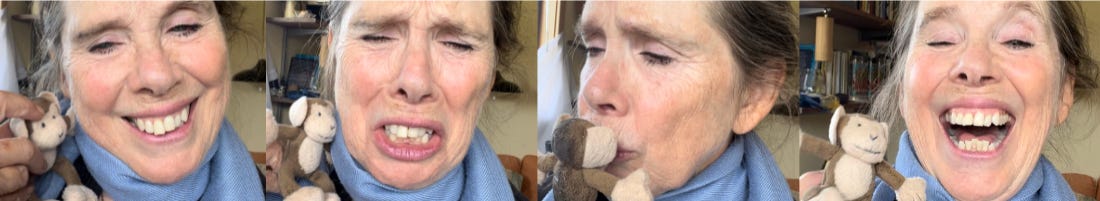 four views of Christine with toy monkeys