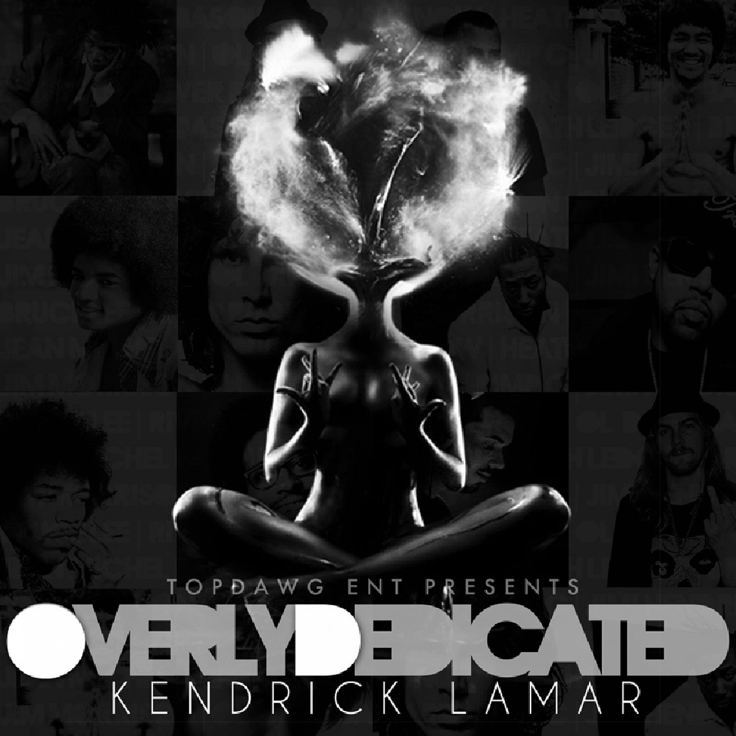 Cover art of Overly Dedicated (2010), with Kendrick’s meditating silhouette engulfed in an explosion of ideas, surrounded by images of late icons (Michael Jackson, Jimi Hendrix, Kurt Cobain, Pimp C, and more) who died young.