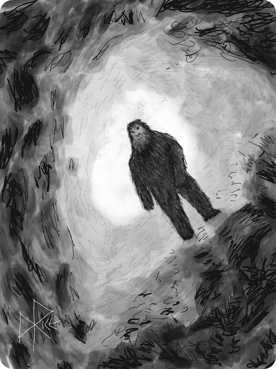 A sasquatch standing near the mouth of a cave. Sketch art by Don Rice.