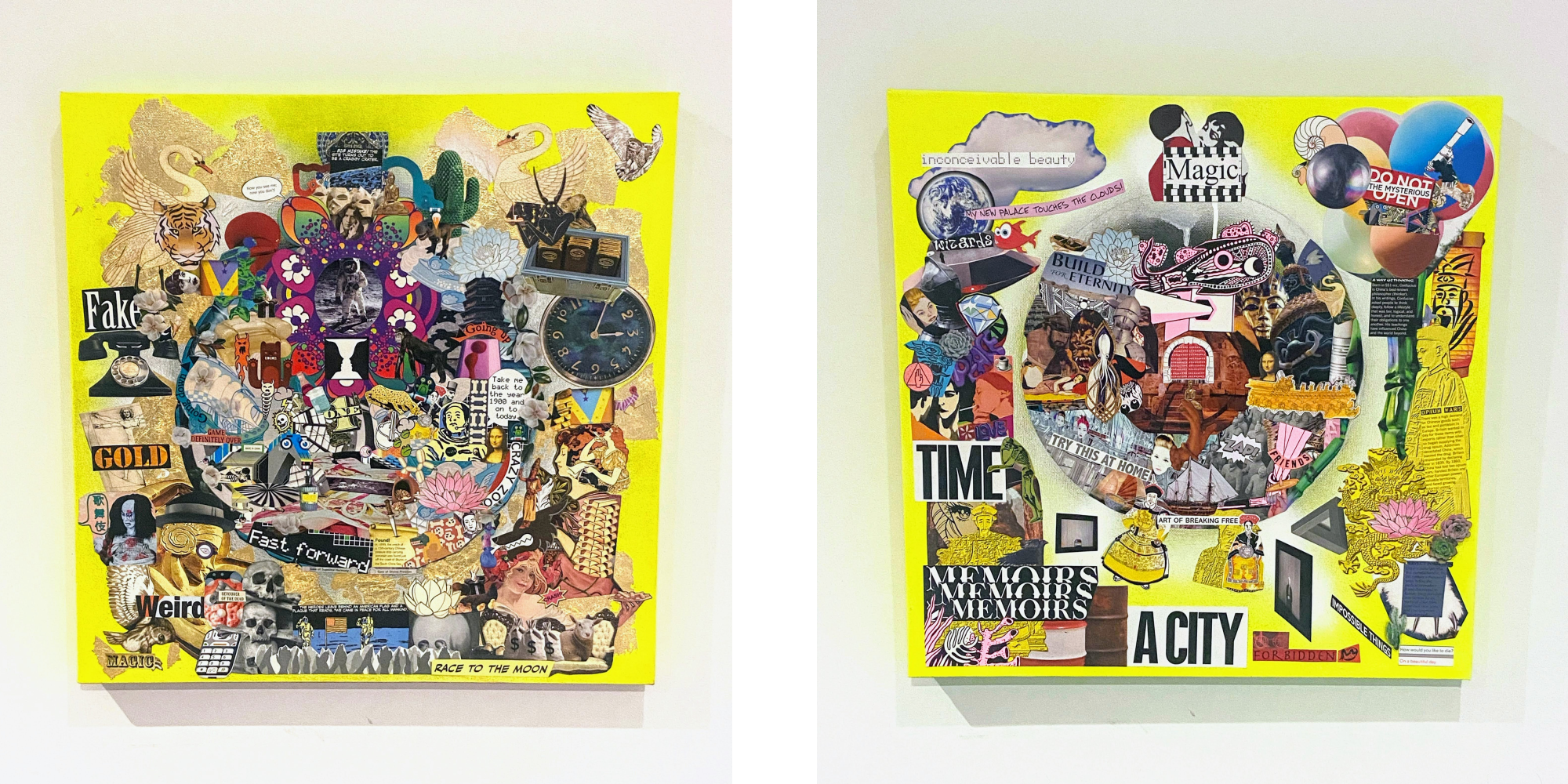 LotyDoty's moon vase collages side by side on a yellow canvas.