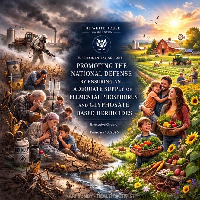 The image depicts a rural landscape with a farm, tractor, barn, and fields of crops, emphasizing the importance of phosphorus and glyphosate herbicides for national defense.

AI-generated content may be incorrect.