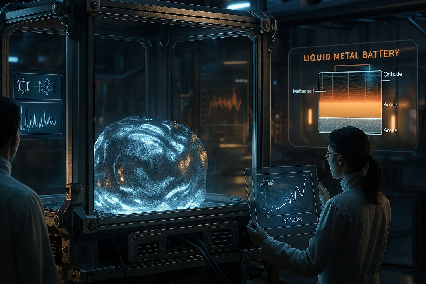 A hyper-realistic render of a futuristic laboratory setting showing a metallic gel-like material glowing faintly silver-blue inside a glass containment cell. Scientists in heat-resistant lab coats observe data on digital screens showing atomic structures and temperature graphs. In the background, diagrams of liquid metal batteries with labeled anode, cathode, and molten salt layers appear on transparent displays. The atmosphere conveys innovation, precision, and high-temperature research, with metallic reflections and soft laboratory lighting.