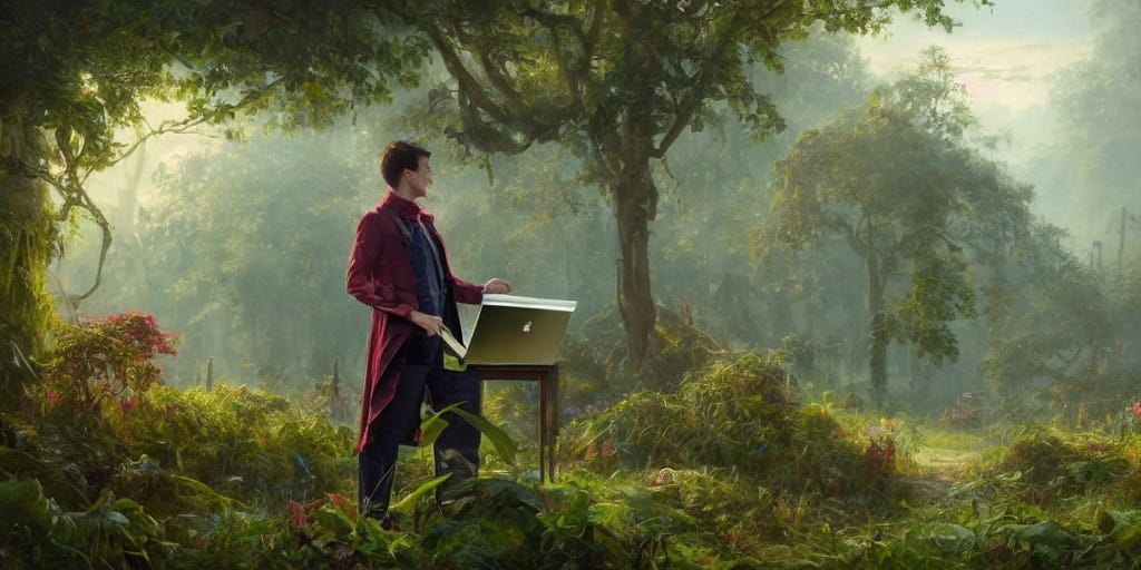 Hamlet standing with his laptop in a fantastical Forrest.