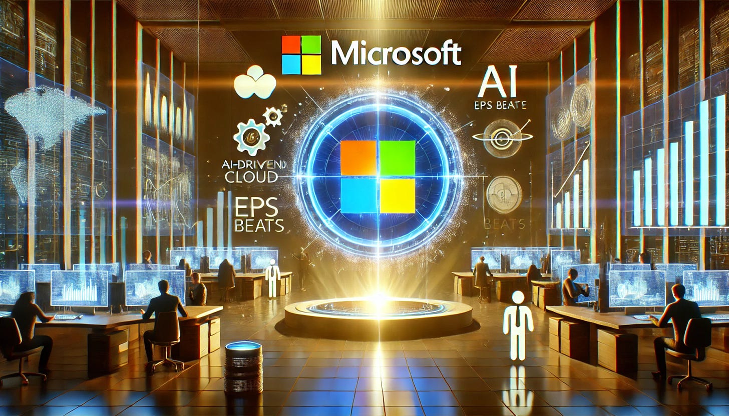 A 16:9 futuristic illustration showcasing Microsoft's AI-powered earnings surge. The scene features a glowing Microsoft logo at the center, surrounded by holographic financial charts showing revenue growth and EPS beats. In the foreground, AI-driven cloud servers and data streams symbolize the company's booming AI business. The background includes futuristic office environments with professionals using AI-powered solutions on devices, highlighting demand in commercial and consumer markets. The atmosphere conveys innovation, success, and Microsoft's dominance in AI-driven growth.