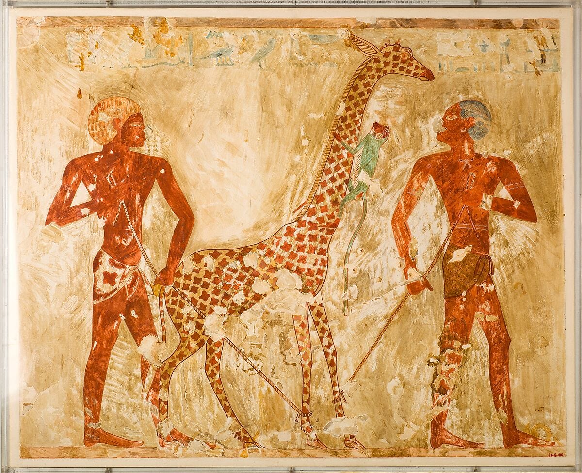 Nubians with a Giraffe and a Monkey, Tomb of Rekhmire, Nina de Garis Davies (1881–1965), Tempera on paper