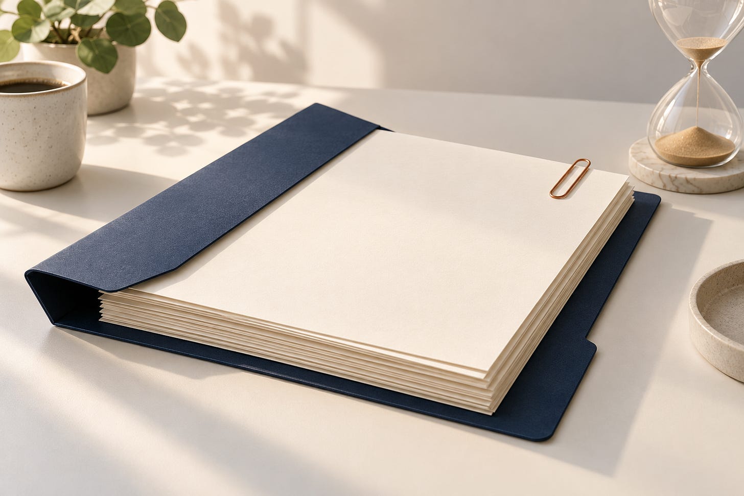 Conceptual illustration of cream documents in a navy folder with a copper paperclip on a clean desktop.