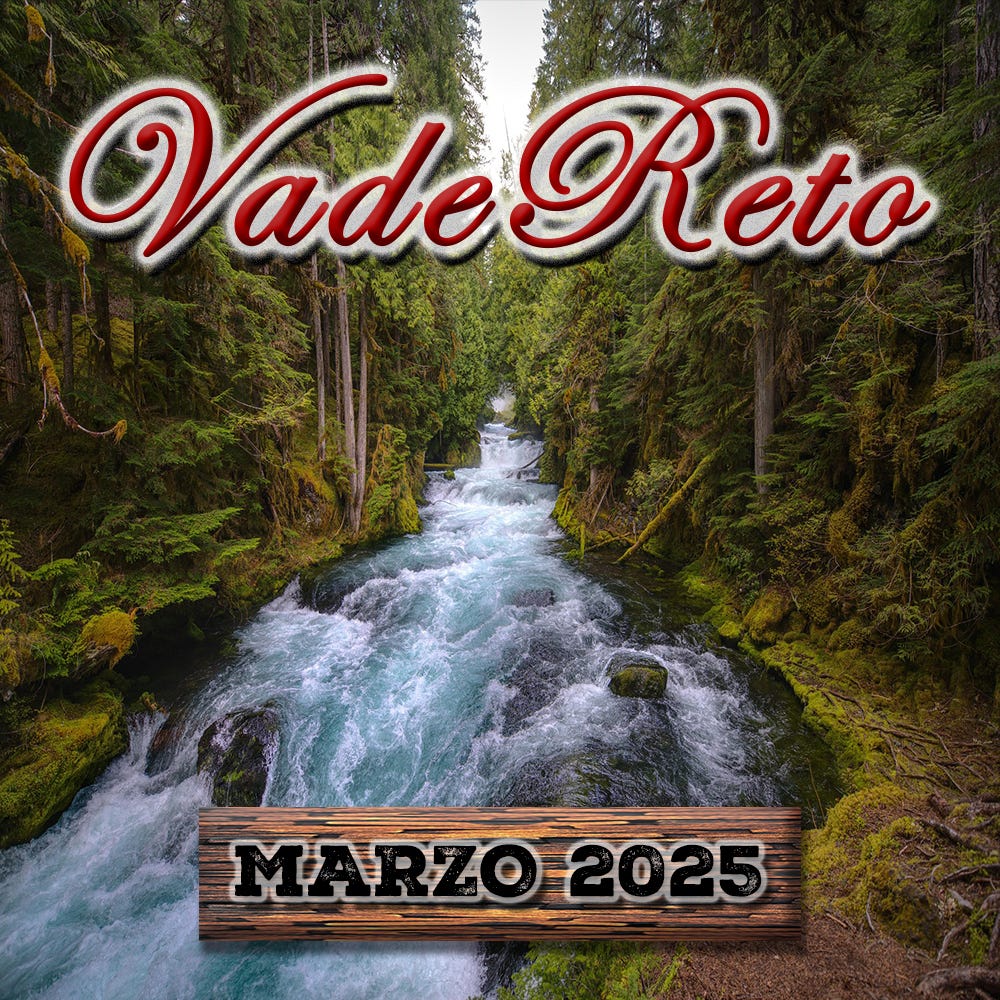 Descripción del logo: De fondo vemos un río que corre como un torrente, desde la zona central de la imagen hasta la parte inferior desde donde observamos. Está rodeado de una flora, verde, extensa y tupida. En la parte superior, aparece el texto "VadeReto", con fuente «Edwardian Script» en rojo, con relieve, sombra y con trazo blanco bordeándolo. En la zona inferior, sobre una placa de madera oscura con biseles, encima aparece grabado el mes y año en curso, en color negro con trazo exterior blanco. La imagen queda formando un cuadrado, con los textos centrados horizontalmente.