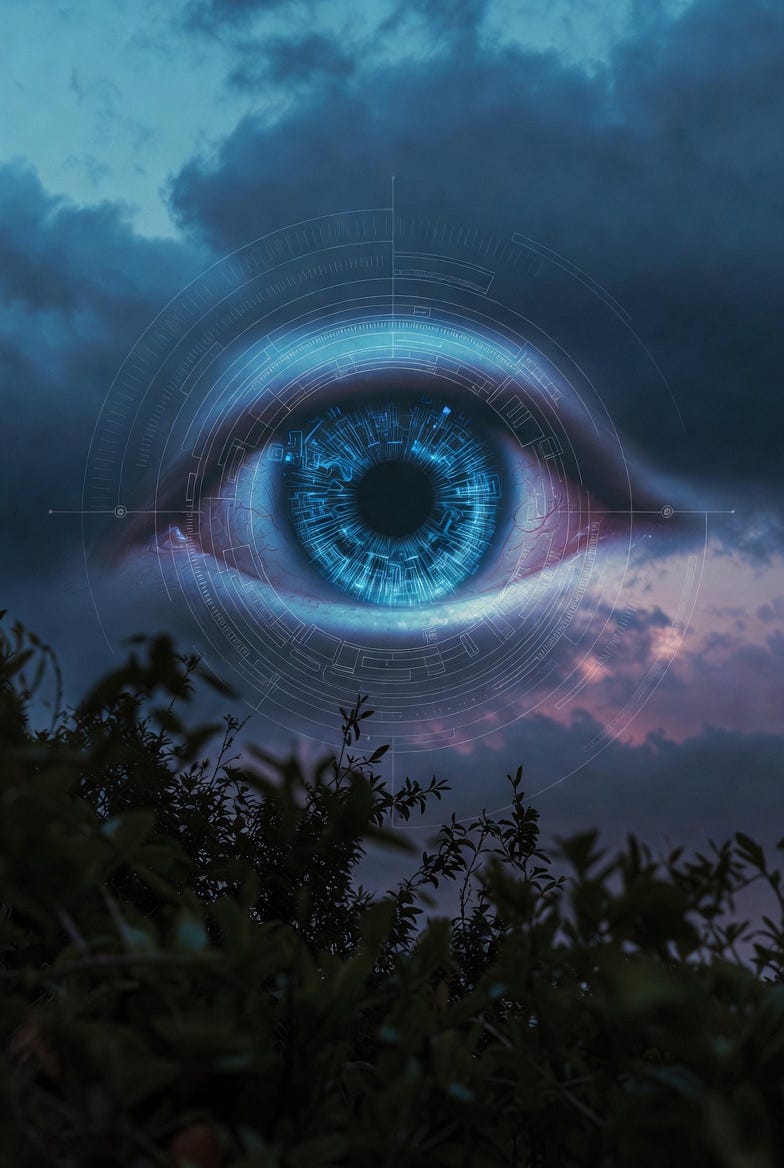 A glowing blue eye in the sky symbolizes AI surveillance, set in a dark, moody atmosphere.