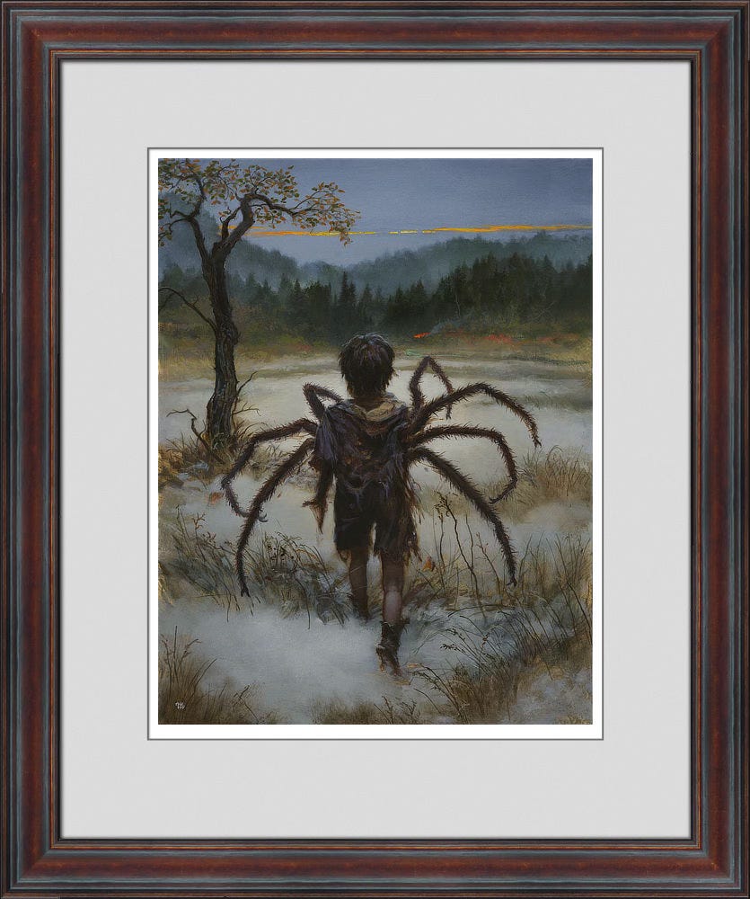 Framed print in shadow blue mat with walnut veneer moulding. Viewed from behind, Mordred is caught in transformation between spider and boy. Browning vegetation forms lines in the snow that extend around a single tree with thinning leaves. His clothes are in tatters, exposing his bare legs to the elements as he crosses tundra. A blaze of orange holds his attention, signifying a campfire at the edge of the tree line in the distance. Seven hairy spider limbs extend from his torso with his left arm forming a stub as it becomes the eighth.
