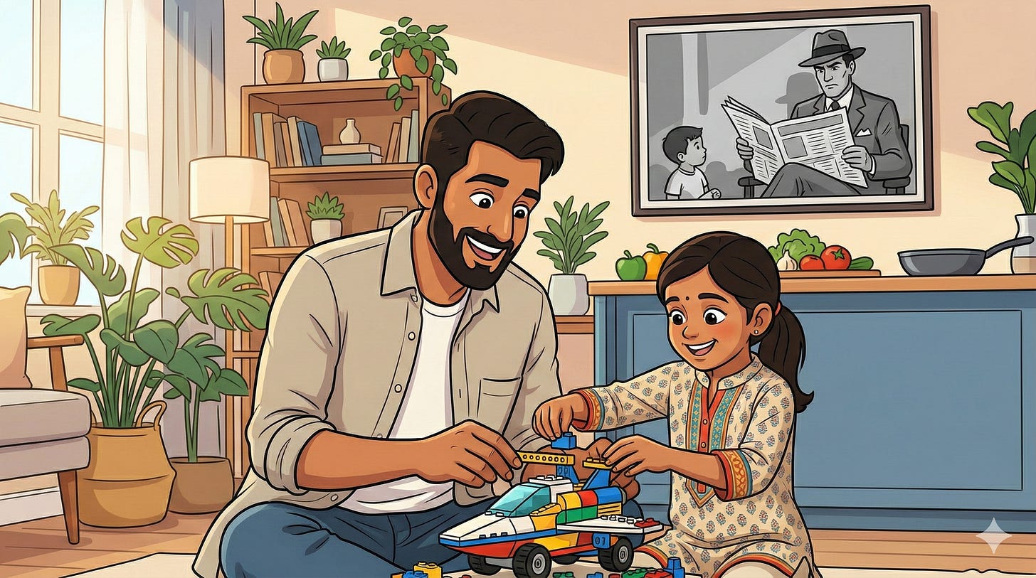 A warm cartoon illustration of a South Asian father and daughter happily building a LEGO spaceship together, contrasted by a black-and-white photo on the wall showing a stern 1950s father ignoring his child.