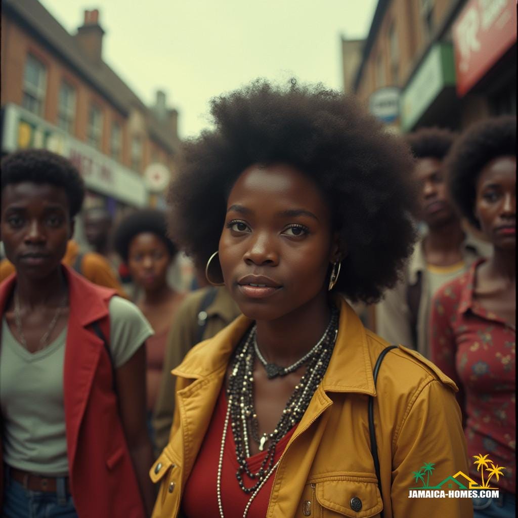 A vibrant black community in 1970s United Kingdom, captured in a cinematic film still, reminiscent of the works of Amma Asante, David Oyelowo, and Steve McQueen.