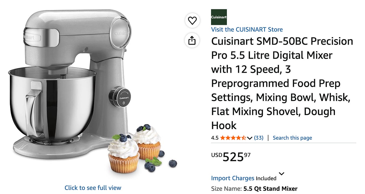 The identical Cuisinart stand mixer listed on Amazon France for $525. The identical Cuisinart stand mixer listed on Amazon France for $525.