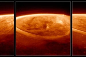 Three panels, each showing a close-up near-infrared image of Jupiter’s north pole, in shades of orange. The planet is mostly dark. Thick, bright arcs and rings caused by aurorae cover the pole. The centre and right panels each show the aurora a few minutes later in time, as Webb’s field of view slowly scans over the planet.