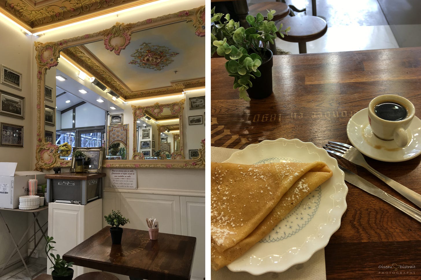 A French decor shop interior on the left. A close-up of crêpe with an espresso on the right. A French decor shop interior on the left. A close-up of crêpe with an espresso on the right.
