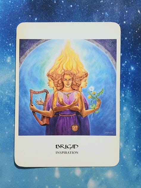 Goddess Oracle cards on a starry blue background: Baba Yaga & Briged