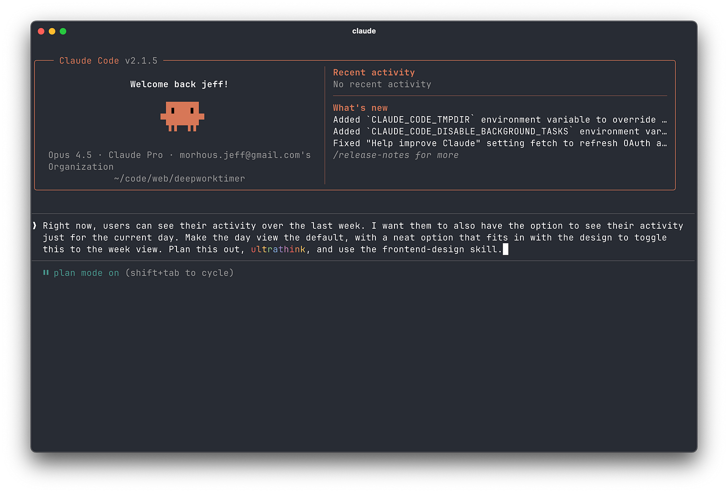 A screenshot of Claude Code showing a simple prompt for a feature change A screenshot of Claude Code showing a simple prompt for a feature change