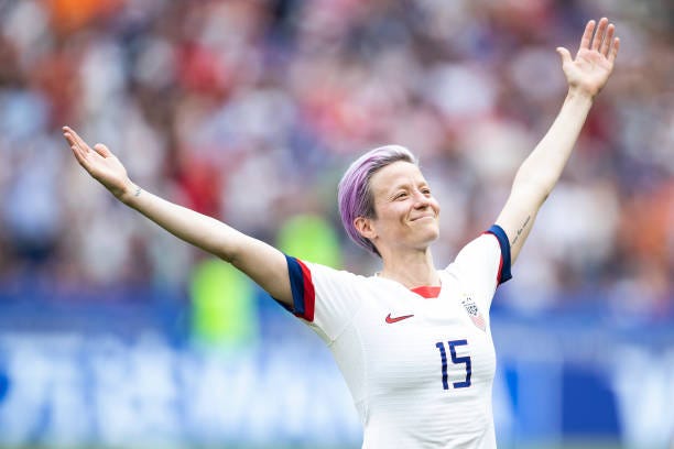 Megan Rapinoe of the USA celebrates following her sides victory in the 2019 FIFA Women's World Cup France Final match between The United States of... Megan Rapinoe of the USA celebrates following her sides victory in the 2019 FIFA Women's World Cup France Final match between The United States of...