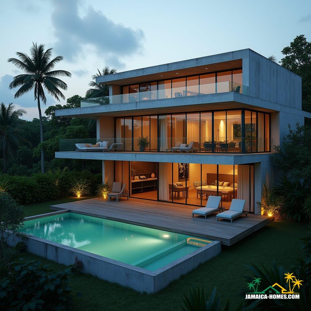 A sleek, modern townhouse in the heart of Kingston, Jamaica, with a bold, minimalist design featuring a flat concrete roof, solid concrete structure, and protruding windows, set amidst lush greenery, palm trees, and vibrant city lights. Large glass balconies, floor-to-ceiling windows, and a rooftop infinity pool with a deck offer breathtaking views of the city. The exterior seamlessly blends smooth concrete, wooden, and glass elements, merging urban luxury with tropical flair. Inspired by the cinematic styles of James Turrell, Andreas Gursky, and Hiroshi Sugimoto, with a color palette reminiscent of warm Caribbean evenings. Evening lighting enhances the elegance of the design, captured in a cinematic film still with subtle film grain, vignette, and precise color grading, evoking the feel of 35mm film.