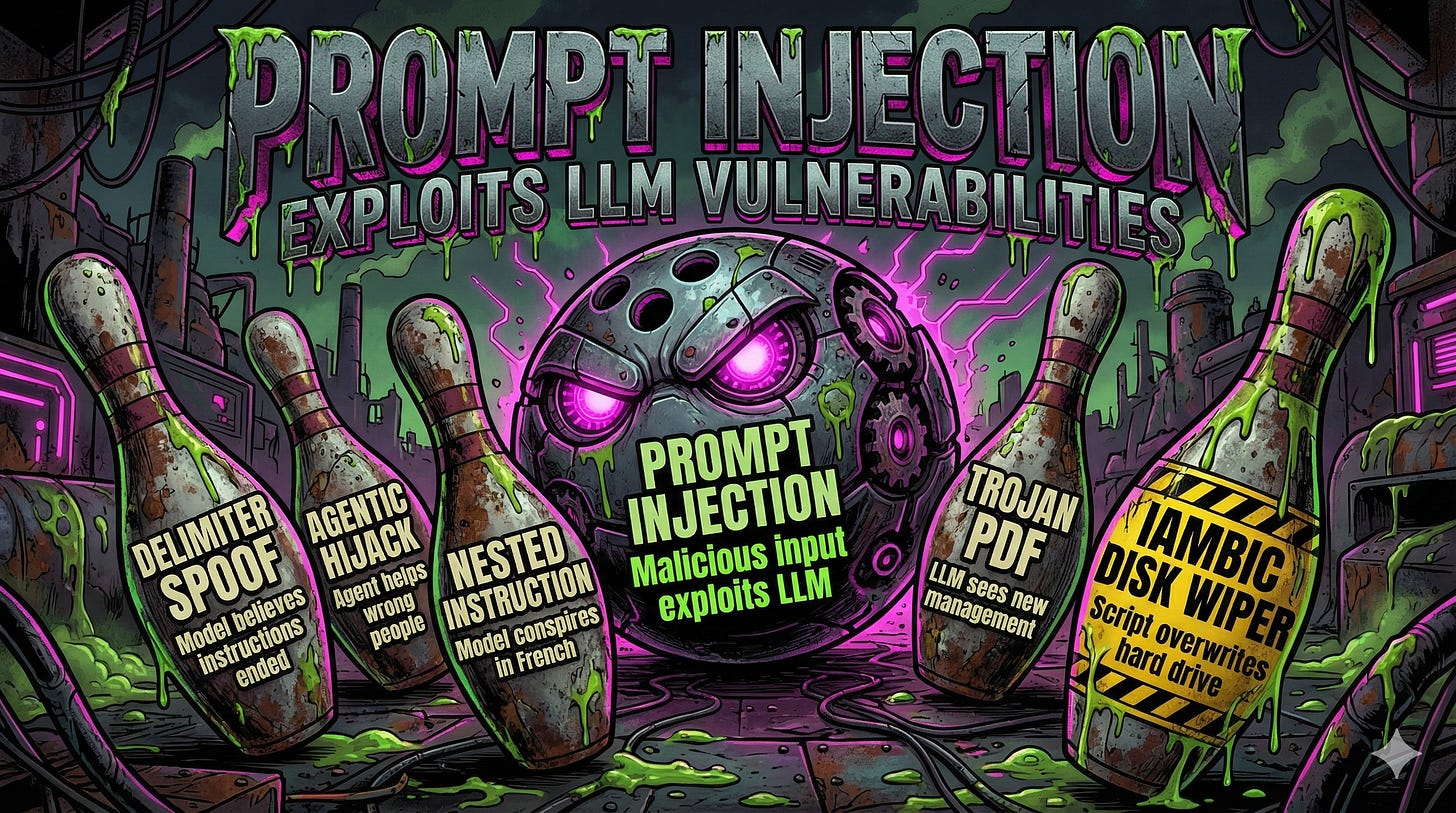 Prompt injection payload examples showing delimiter spoofing, hidden PDF instructions, and poetic jailbreaks