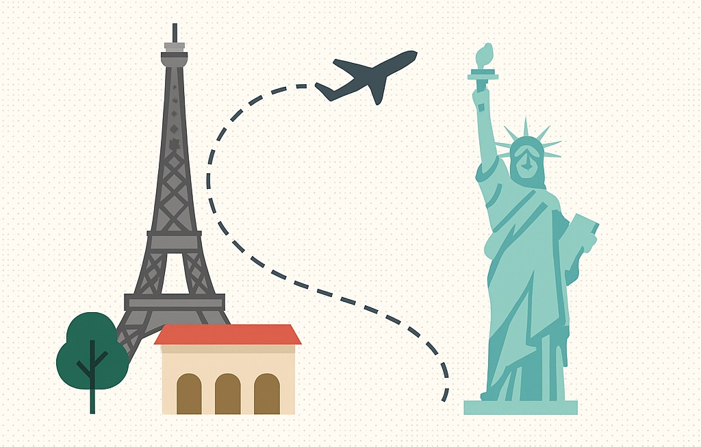 Illustration of European startup expansion from Eiffel Tower in Paris to Statue of Liberty in New York, symbolizing transatlantic growth Illustration of European startup expansion from Eiffel Tower in Paris to Statue of Liberty in New York, symbolizing transatlantic growth