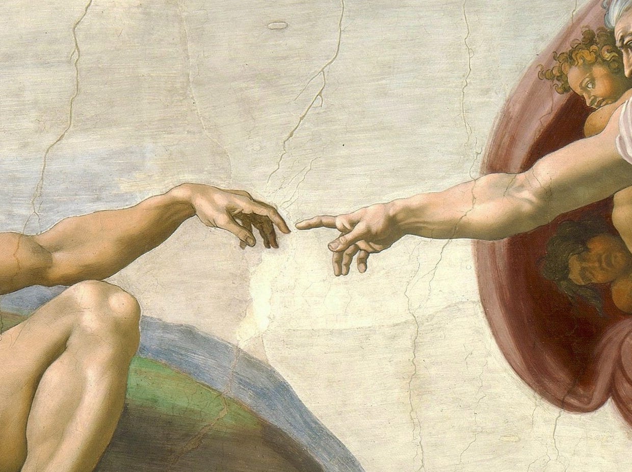Detail of The Creation of Adam by Michelangelo: the hands of God and Adam reaching toward each other, fingers almost touching Detail of The Creation of Adam by Michelangelo: the hands of God and Adam reaching toward each other, fingers almost touching