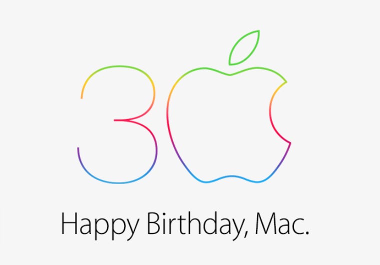 Apple's official logo has the number 30 with an Apple logo replacing the zero, and the words "Happy Birthday, Mac."