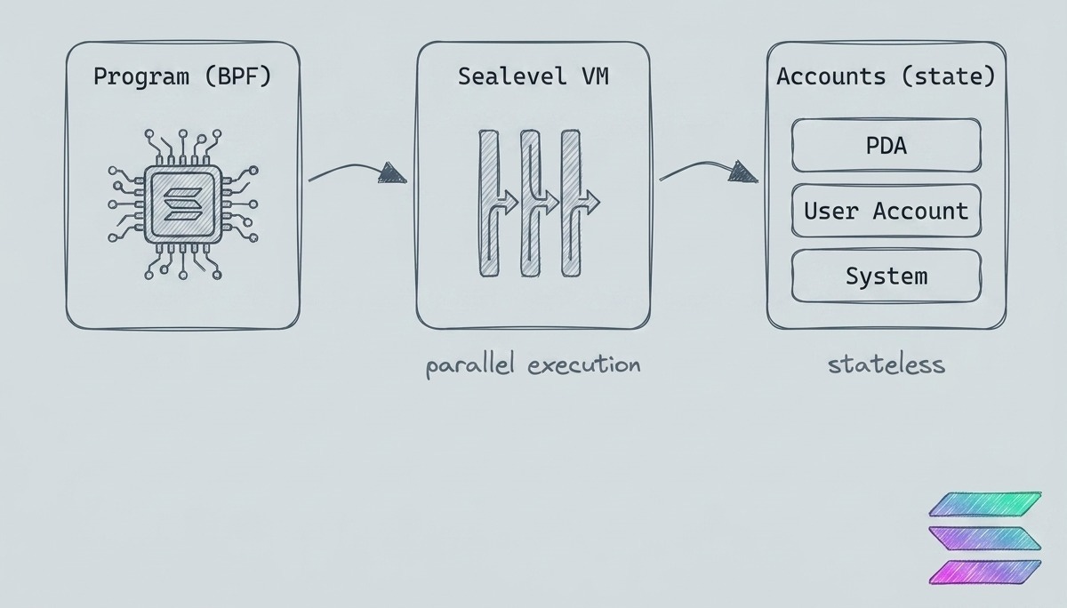 Diagrama da arquitetura de um smart contract Solana: Program em BPF executa em paralelo na Sealevel VM e lê estado de Accounts (PDA, User Account, System)