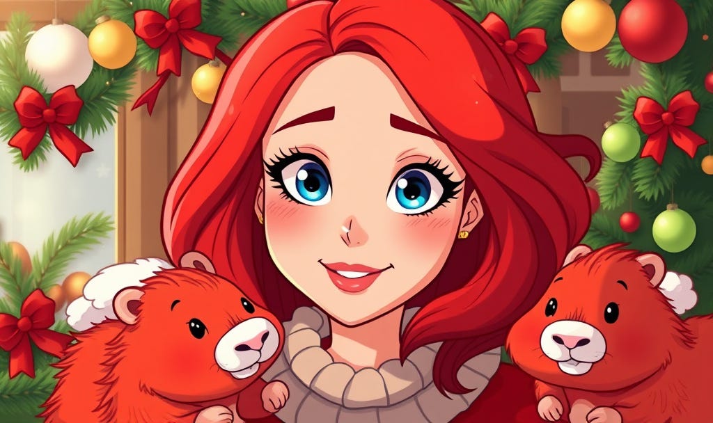 cartoon woman with red hair and blue eyes surrounded by holiday decorations and capybaras