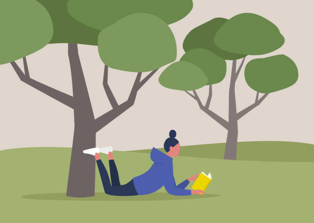 Young Female Character Reading A Book Under The Tree Summer Recreation  Outdoor Forest Or Park Landscape Stock Illustration - Download Image Now -  iStock