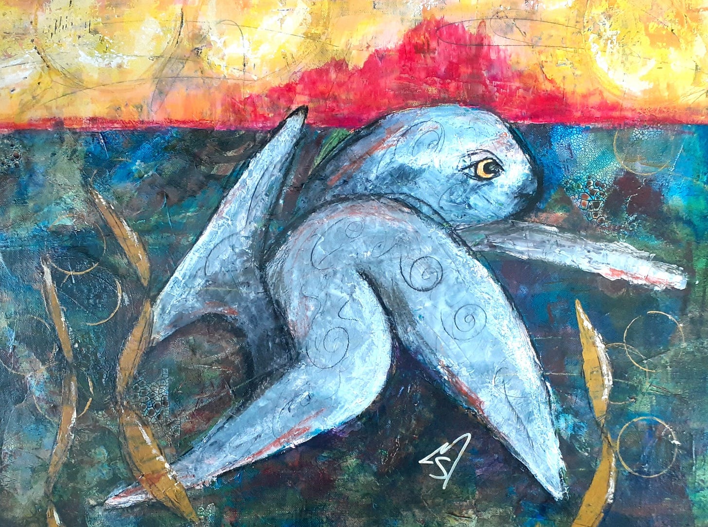 Strange gray aquatic creature under a yellow and orange sky