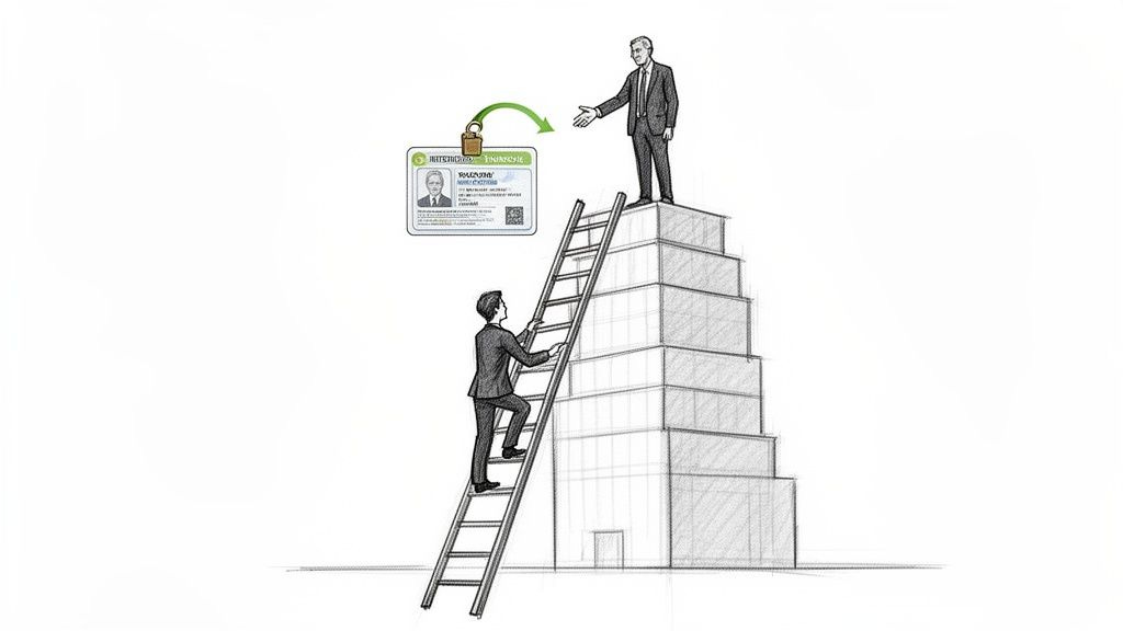 An employee climbs a ladder towards a manager, symbolizing career advancement and professional access via ID card. An employee climbs a ladder towards a manager, symbolizing career advancement and professional access via ID card.
