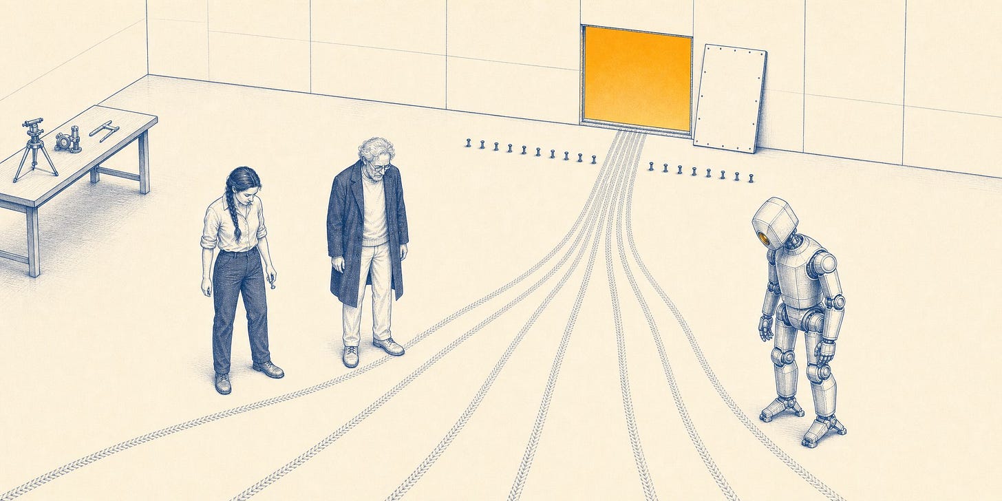 A sparse blue-ink engraving on warm cream: an elderly scholar in a dark overcoat, an engineer with a thick braid, and a polished metal robot with a single glowing amber eye stand with heads bowed at the floor, where many separate tread trails sweep in from the bottom of the frame and merge into one lane vanishing through a luminous amber gap in the wall, beside a neatly removed wall panel and a row of screws.
